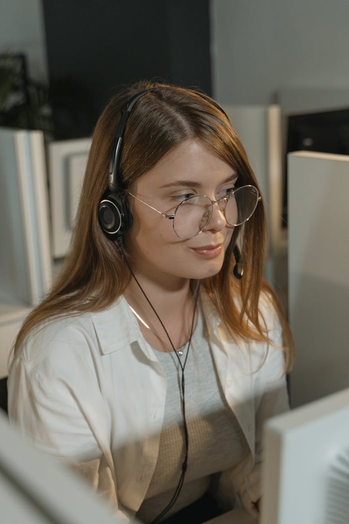 gallery-4 A young woman with eyeglasses and headphones working in a call center.